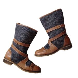 Anthropologie Tweed And Leather Brown Boots Size 9